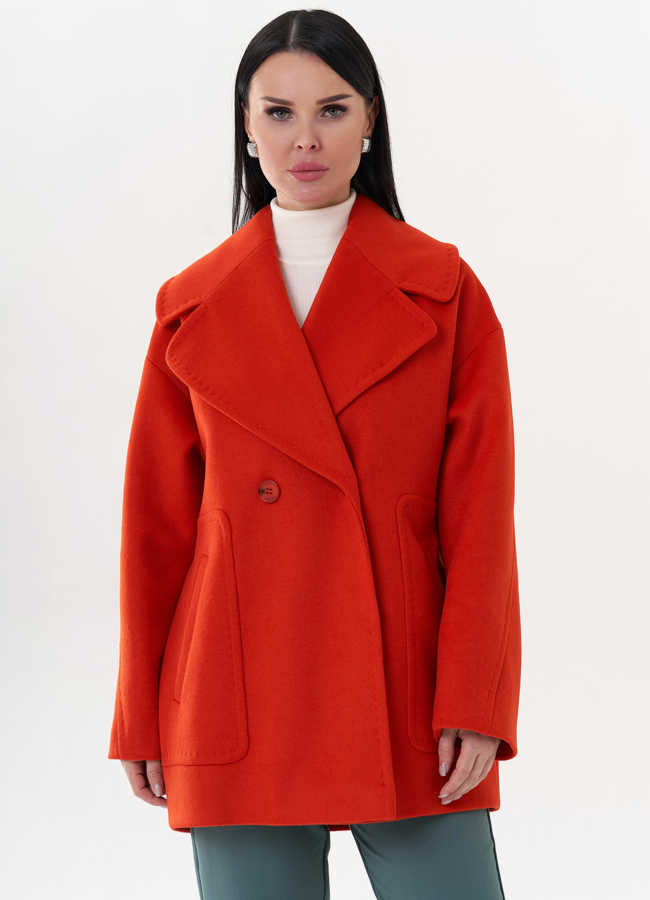 Женское полупальто в оранжевом цвете модель № 26240 меха малина