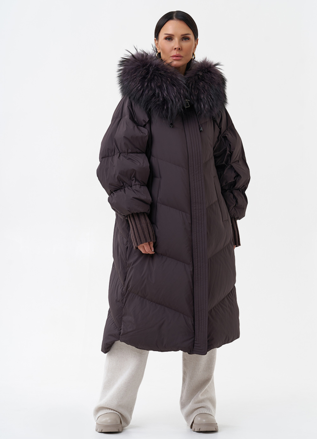 Длинный женский пуховик с капюшоном модель № 29359 универмаг малина