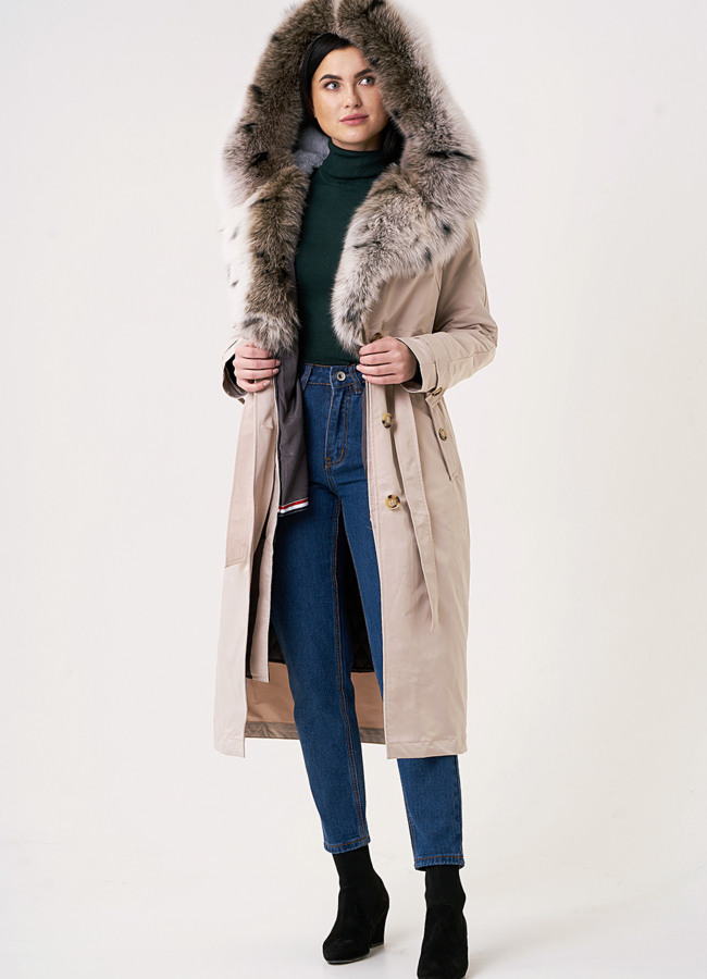 Бежевая удлиненная парка с песцом модель № 69121 универмаг малина