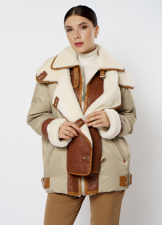 Пуховик комбинированный с кожей модель № 20-111 универмаг малина