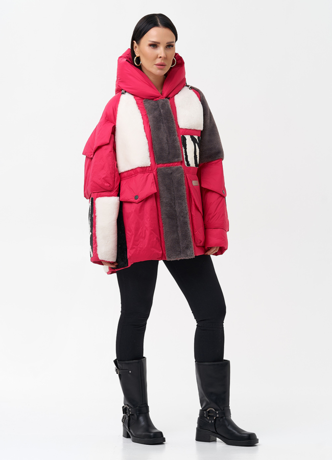 Комбинированный женский пуховик с капюшоном модель № 28371 в кредит