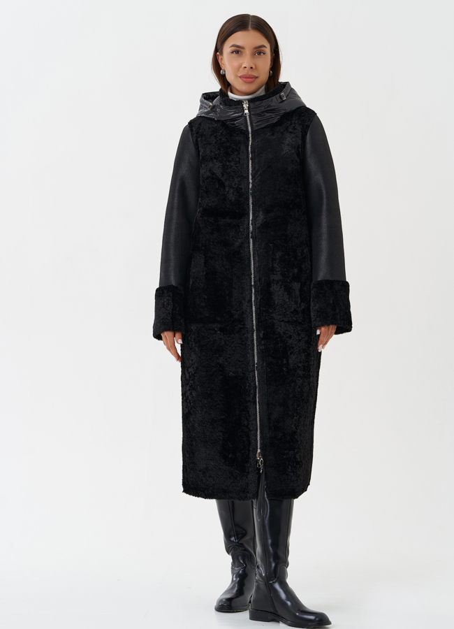 Двухсторонняя дубленка из эко кожи с капюшоном модель № 28563 меха малина