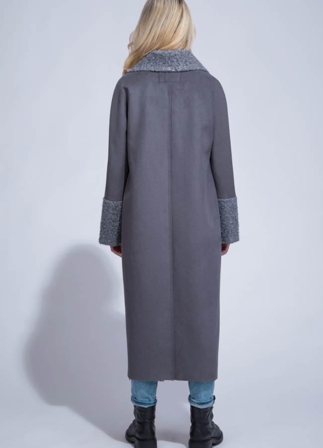 фото Удлиненная искусственная дубленка цвета графит модель № 8145