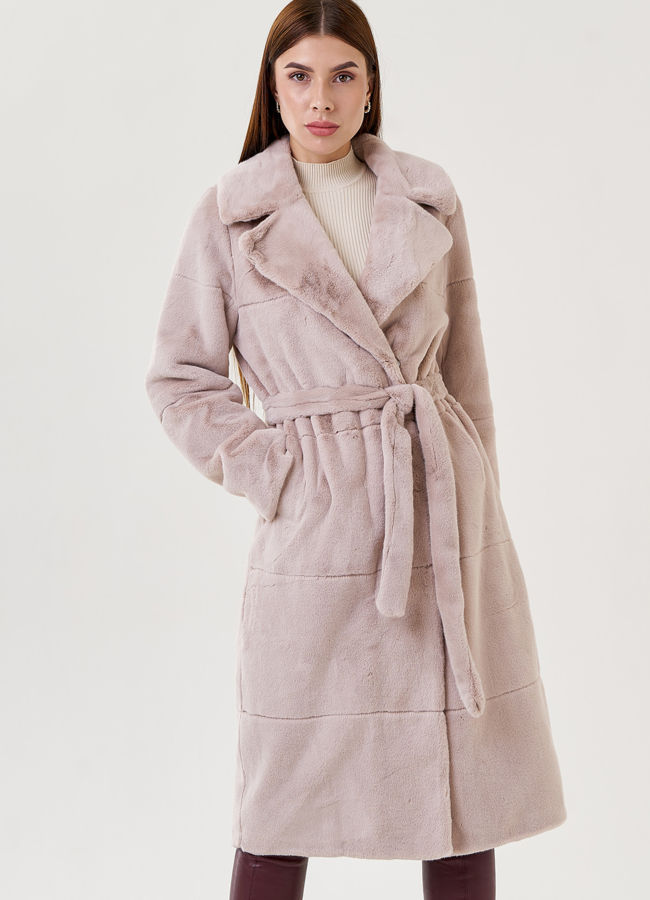 Пальто из эко меха с поясом модель № 79341 универмаг малина