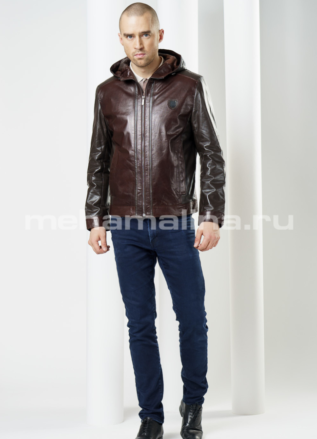 Кожаная куртка с капюшоном, цвет коричневый модель № KP-96 в рассрочку