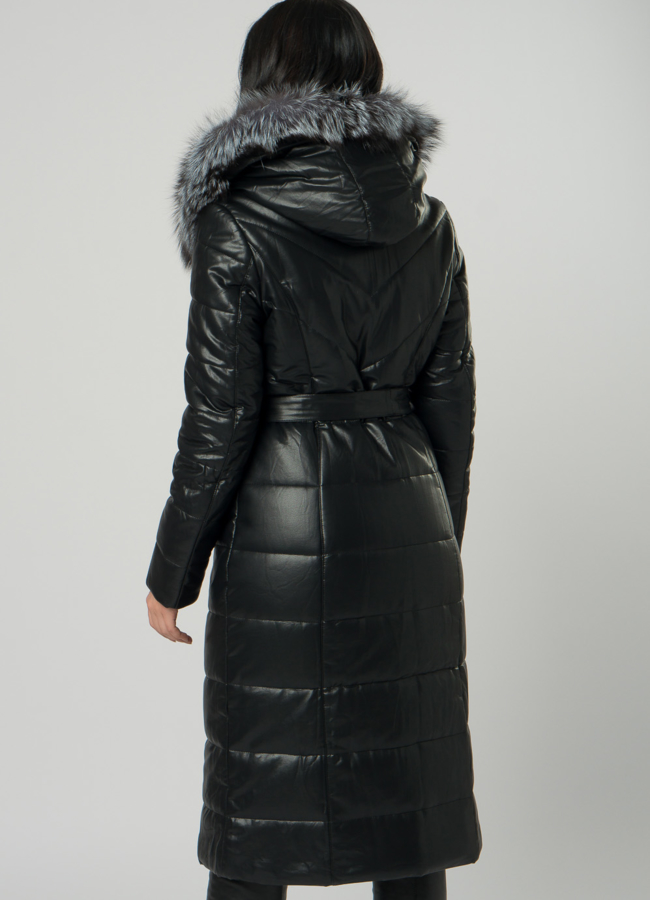 Длинный пуховик из эко кожи с мехом модель № 63676 в кредит