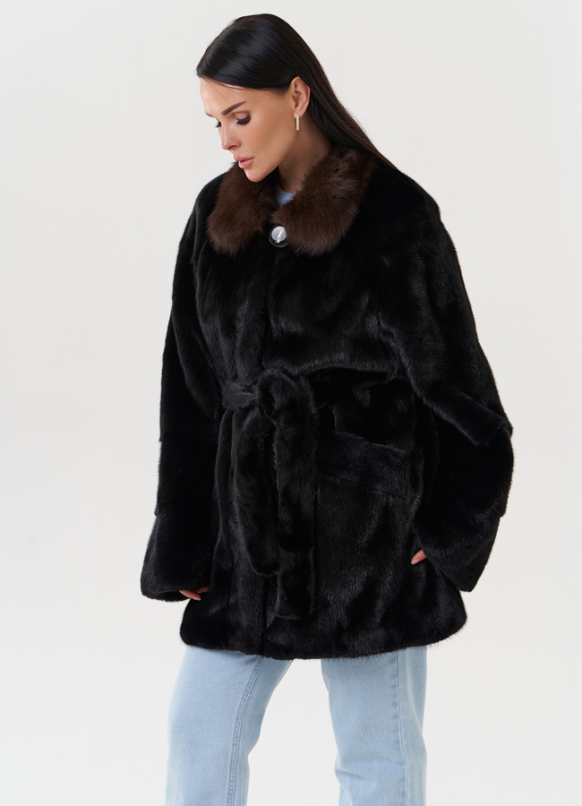 Женская норковая шуба с отделкой из куницы модель № 27587 в рассрочку