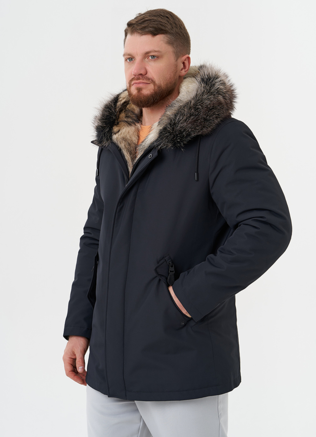 Полупальто с капюшоном из меха енота модель № 26152 универмаг малина