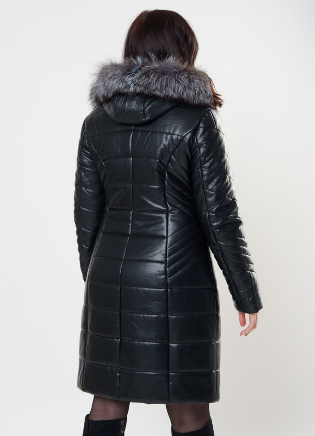 Пуховик из эко кожи черного цвета с капюшоном модель № 983 универмаг малина