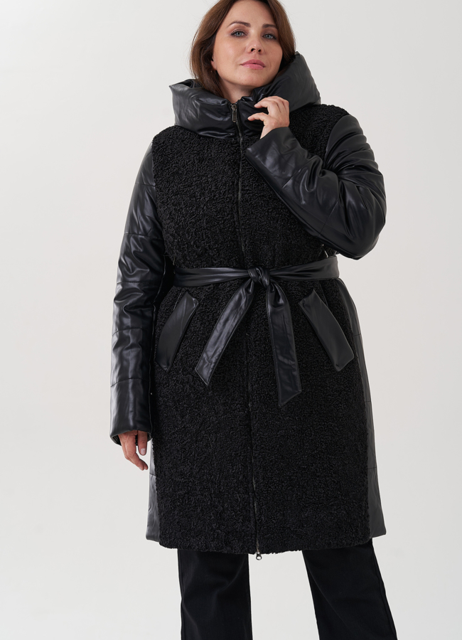 Пуховик из эко кожи с капюшоном модель № 25342 универмаг малина