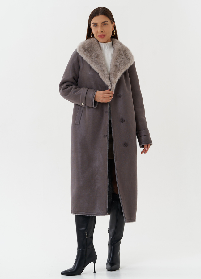 Длинная дубленка из эко кожи с воротником шаль модель № 27782 универмаг малина