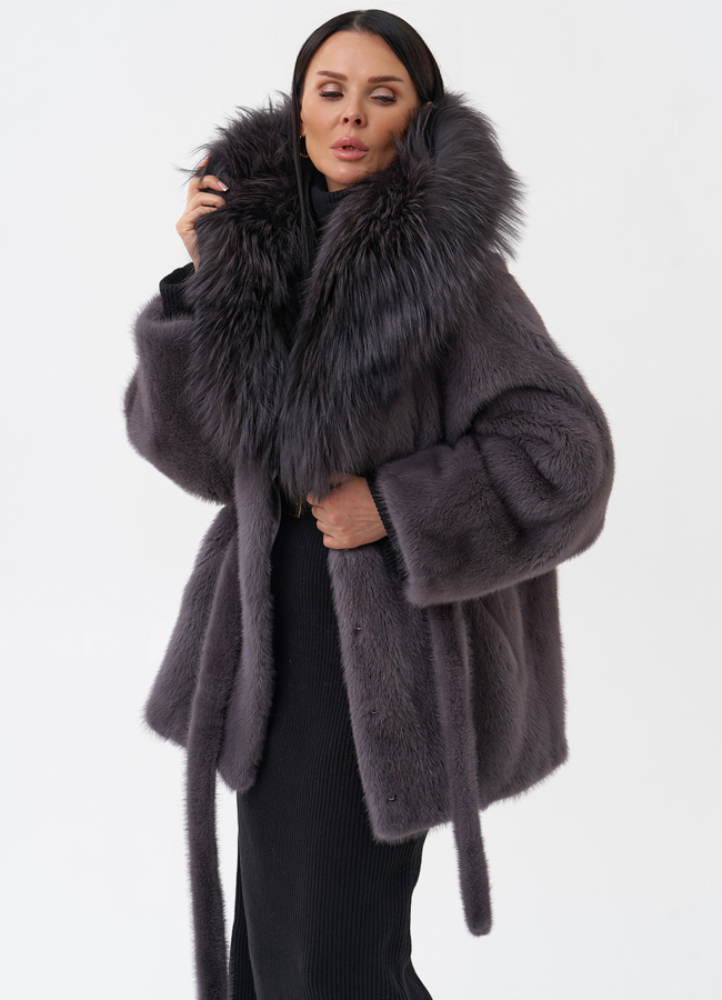 Шуба -кимоно из норки с поясом модель № 26040 универмаг малина