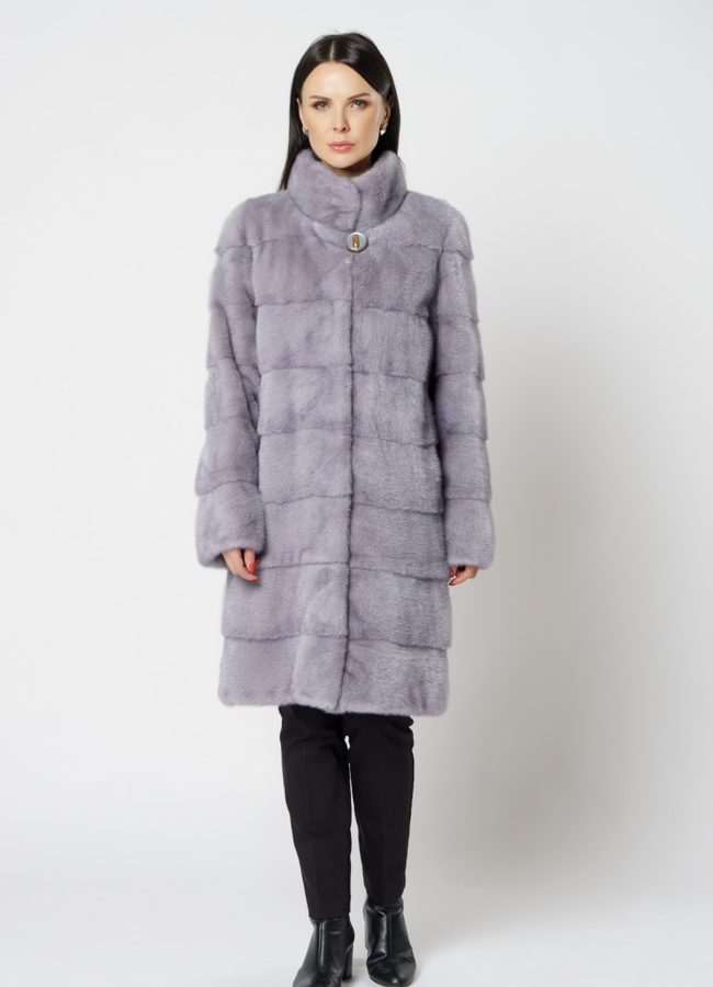 Норковая шуба с воротником стойкой голубого цвета модель № S-812 меха малина