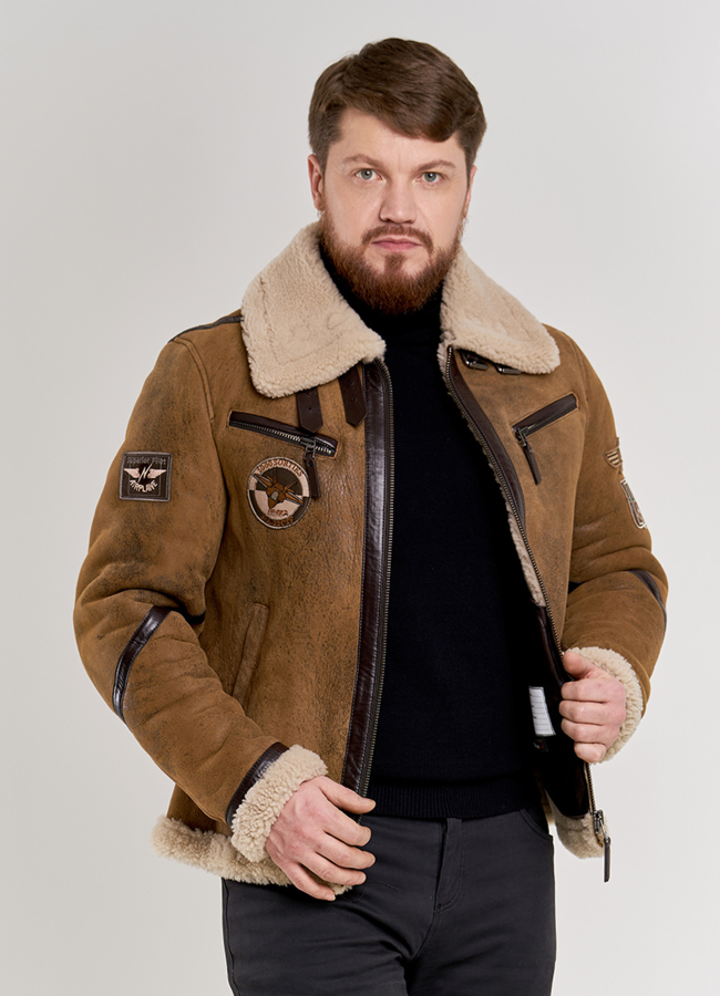 Дубленка пилот мужская  модель № DM-129 меха малина