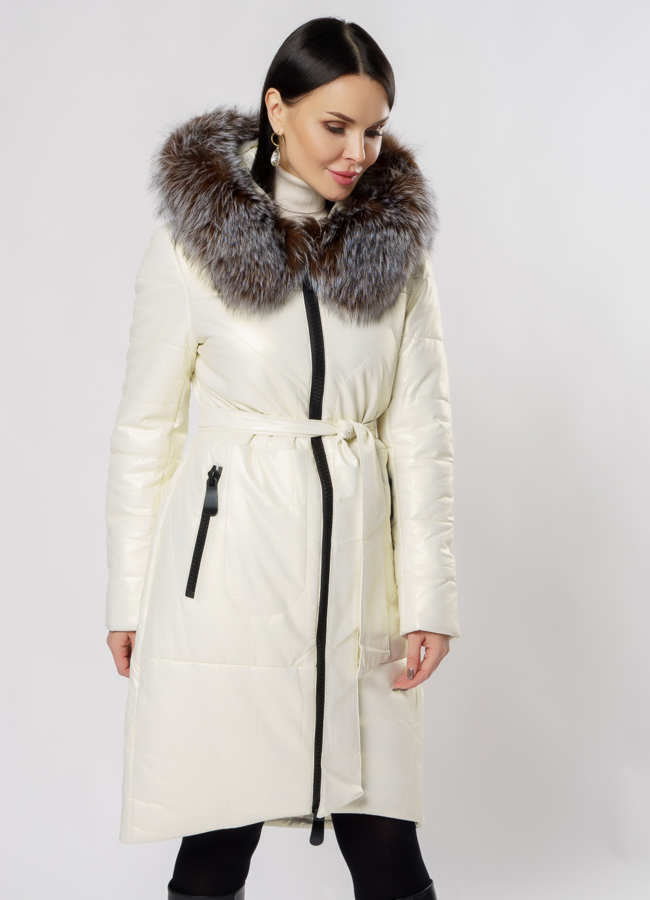 Светлый пуховик из эко кожи с капюшоном модель № W201 универмаг малина