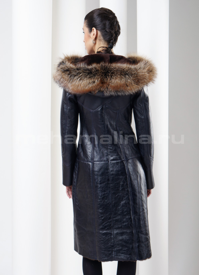 Дубленка с лисой, цвет индиго модель № D-111 в рассрочку