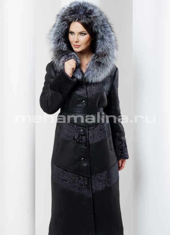 фото Удлиненная дубленка из эко кожи черного цвета модель № 1613