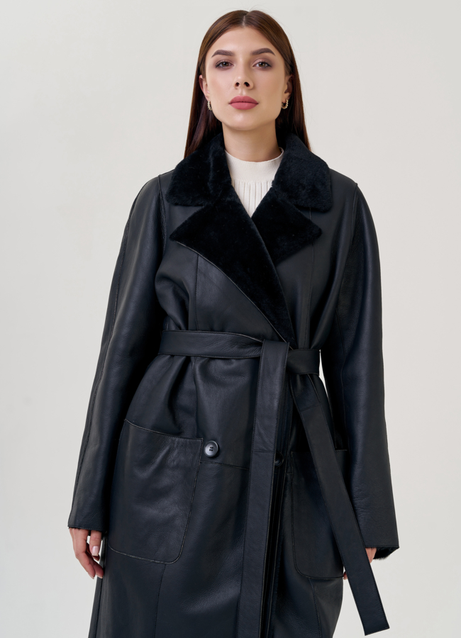 Женская дубленка черного цвета с английским воротником  модель № 23248 универмаг малина Женская дубленка черного цвета с английским воротником  модель № 23248 универмаг малина