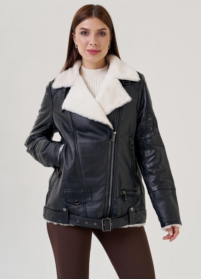 Куртка женская из натуральной кожи модель № 23260 меха малина