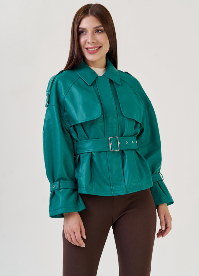 Женская куртка оверсайз из эко кожи модель № 23257 меха малина