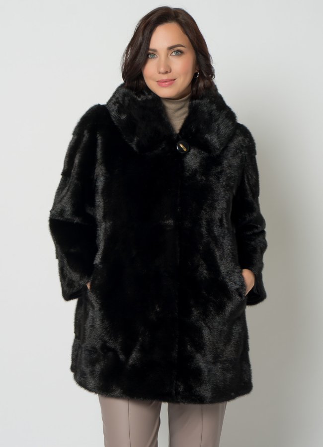Норковая шуба с капюшоном в черном цвете  модель № 20949 универмаг малина