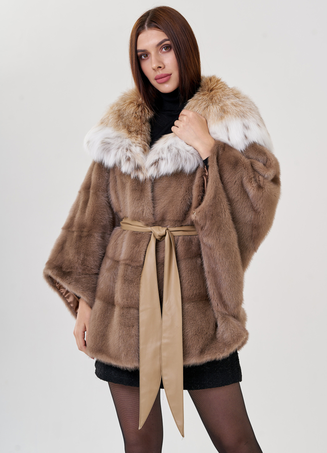 Норковая шуба в цвете пастель с рысью модель № 23306 универмаг малина
