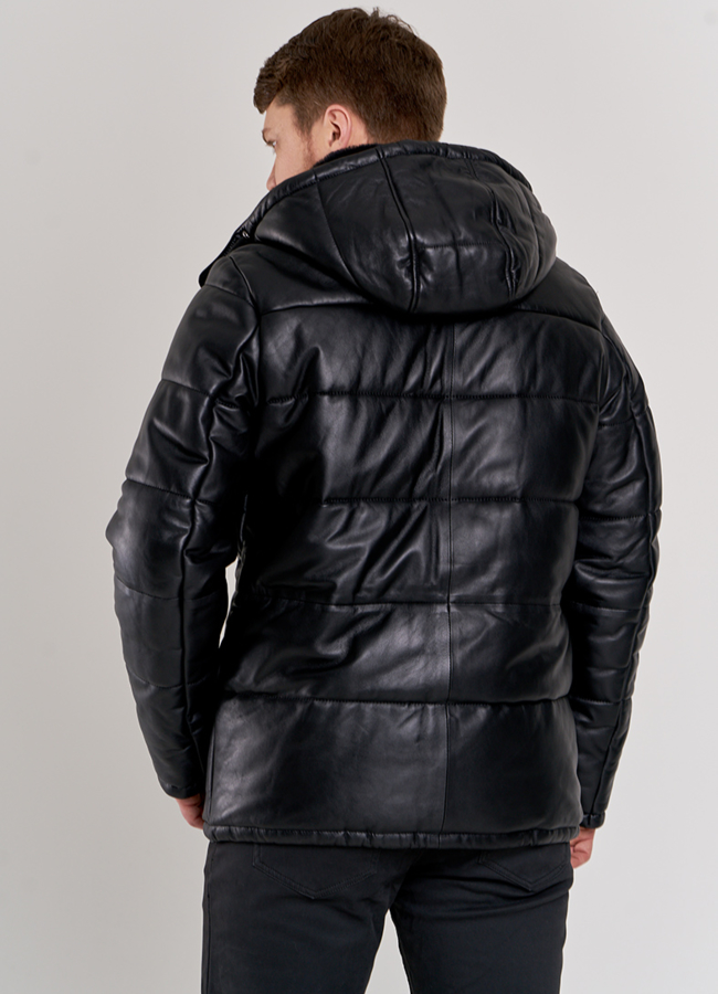 Зимняя кожаная куртка с капюшоном модель № П-511 в кредит