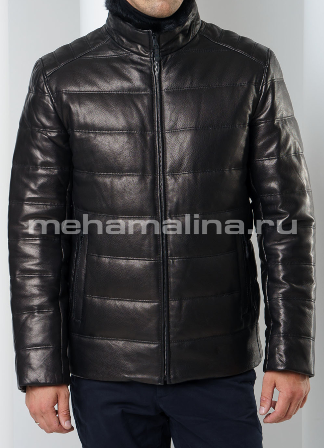 Кожаный пуховик модель № ПМ-88 меха малина