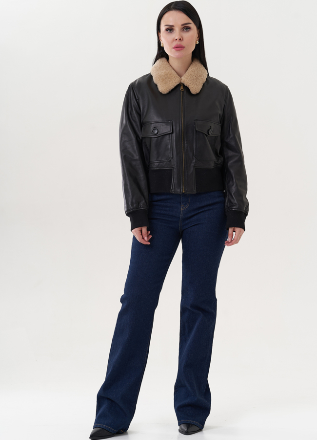 фото Куртка пилот из натуральной кожи черного цвета модель № 26714