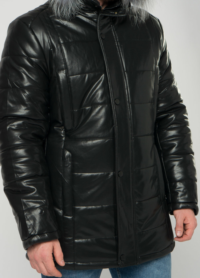 Мужской пуховик из эко кожи с капюшоном модель № 21877 универмаг малина