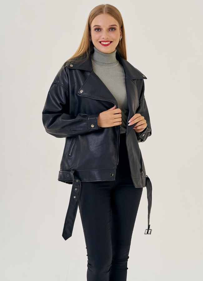 Женская куртка оверсайз из эко кожи в черном цвете модель № 22571 универмаг малина