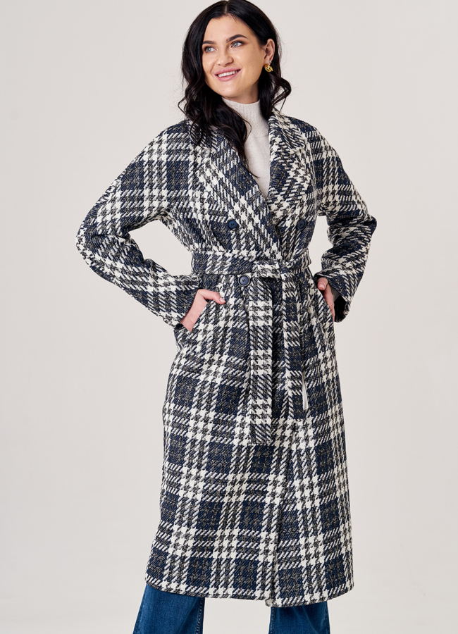 Пальто женское синего цвета с поясом модель № 20547 в рассрочку