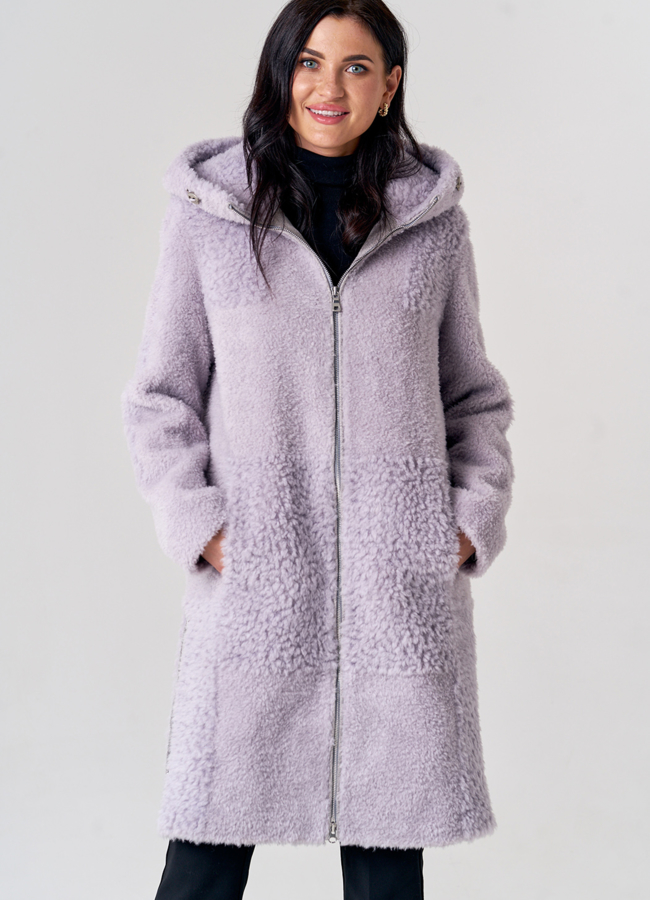 Прямое пальто из шерсти с капюшоном модель № 21560 меха малина