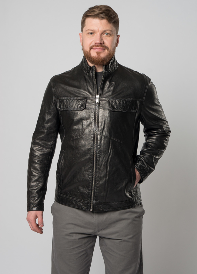 Мужская кожаная куртка черного цвета модель № W9066 универмаг малина