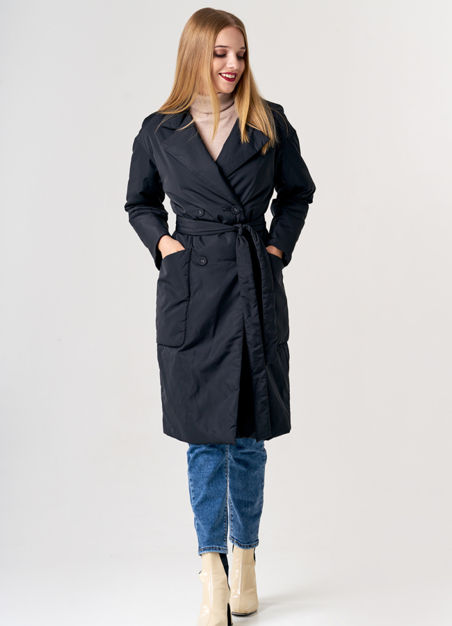 Двубортное плащевое пальто в черном цвете модель № 21156 универмаг малина