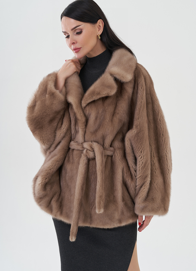 Шуба из норки под пояс модель № 24821 меха малина