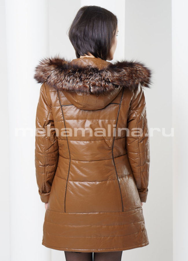 Пуховик из экокожи, цвет горчица модель № П-40 в рассрочку