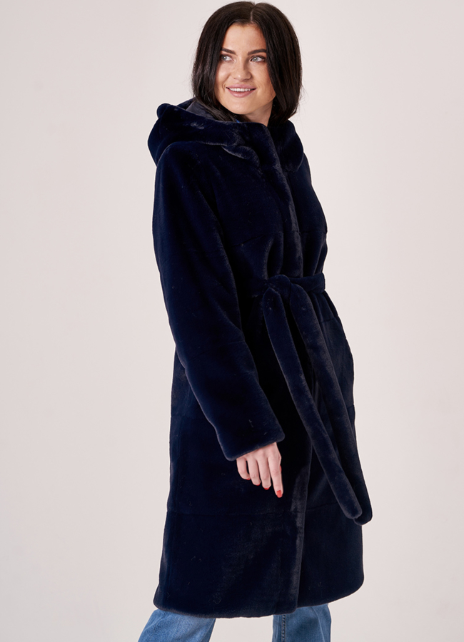 Шуба синяя из эко меха с капюшоном модель № 19009 универмаг малина