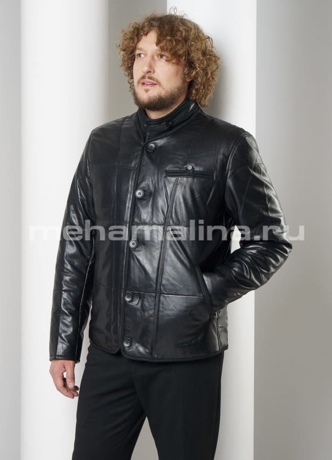 Утепленная кожаная куртка на пуговицах модель № KP-229 универмаг малина