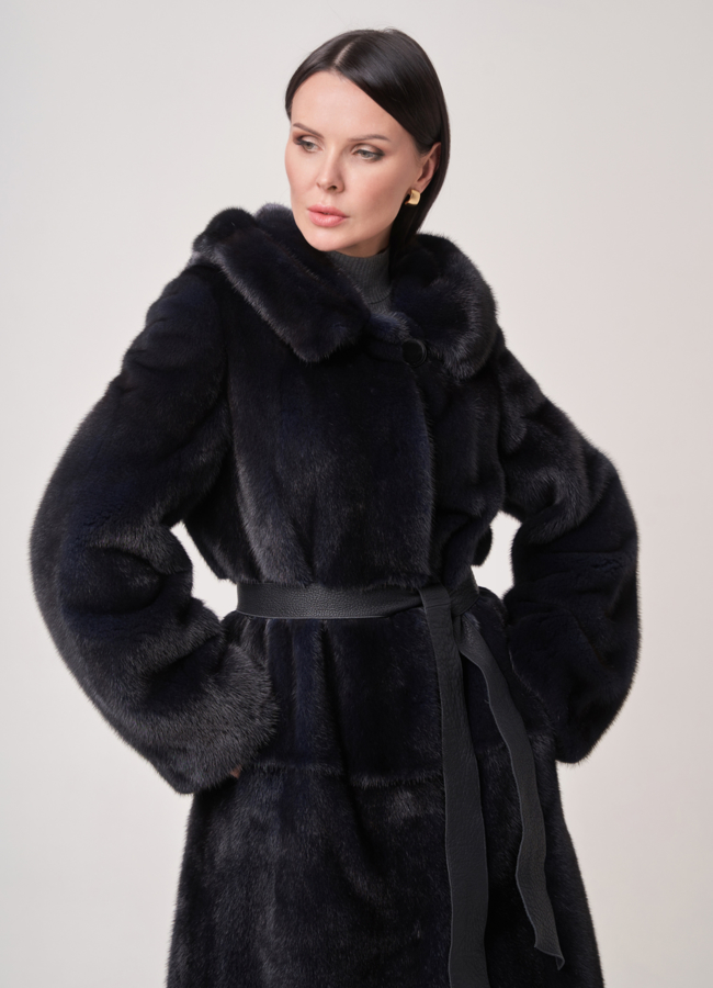 Шуба из норки с кожаным поясом модель № S-759 универмаг малина