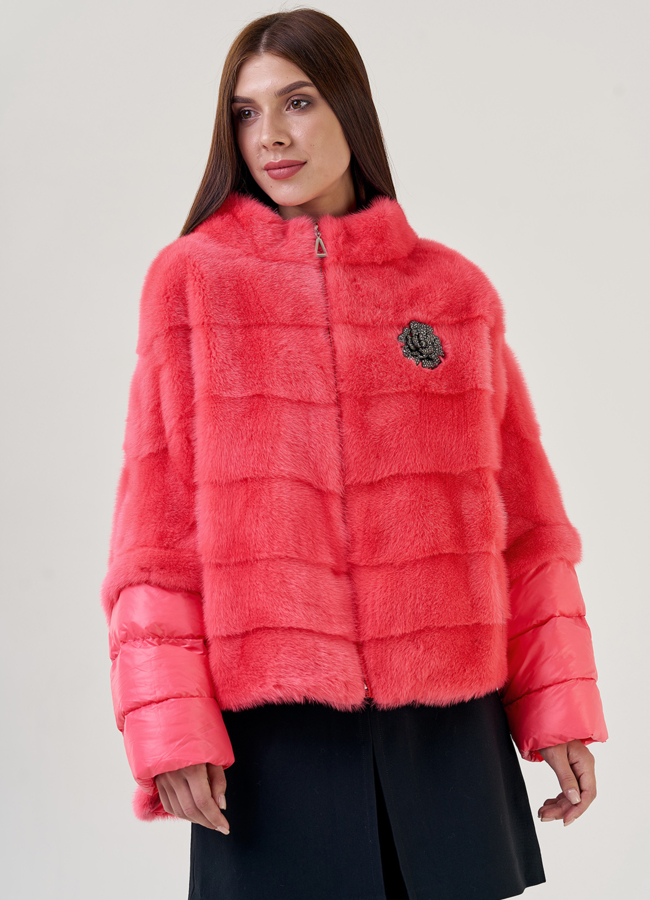 Шуба из норки розового цвета модель № 23112 меха малина