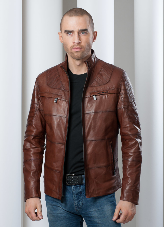 Кожаная куртка строченная, воротник-стойка модель № KP-37 меха малина