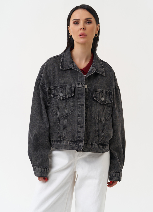 Женская джинсовая куртка серого цвета модель № 30403 меха малина