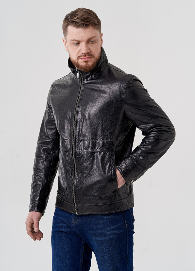Мужская кожаная куртка  модель № 24405 меха малина