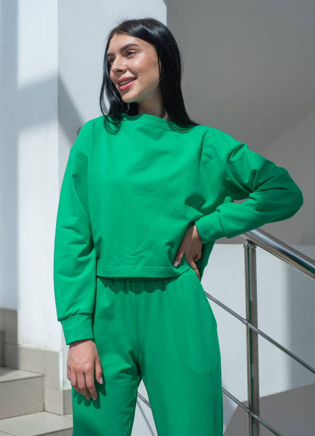 Джемпер женский зеленого цвета с длинным рукавом модель № 22918 меха малина