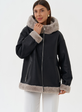 Женская эко дубленка с капюшоном