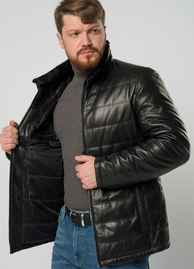 Мужской пуховик из натуральной кожи с отделкой из овчины модель № 21916 универмаг малина