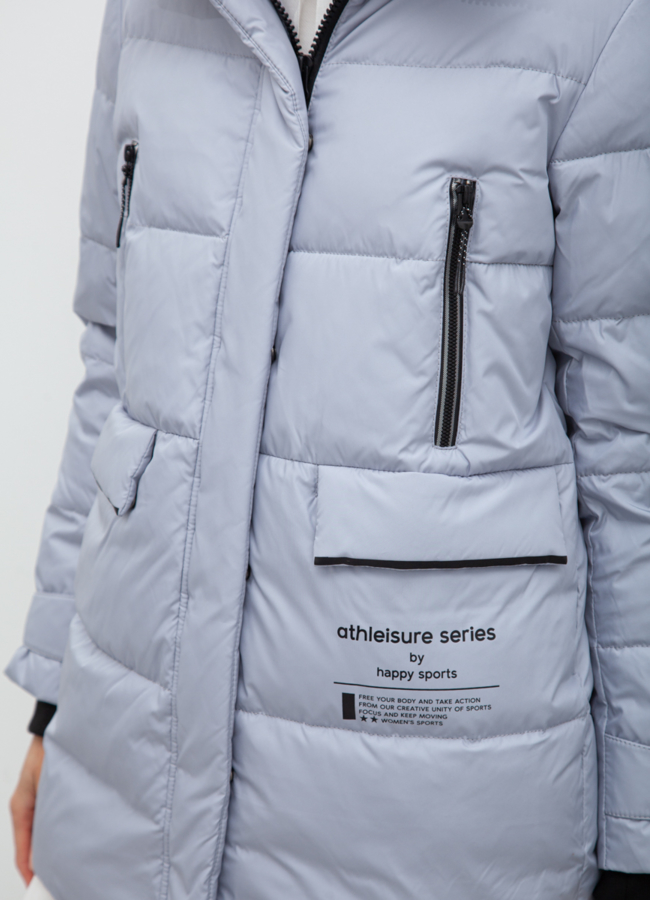 Пуховик женский серого цвета с капюшоном модель № 21026 в рассрочку