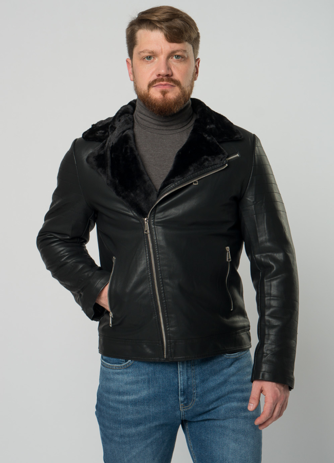 Мужская эко дубленка-косуха черного цвета модель № 21966 универмаг малина