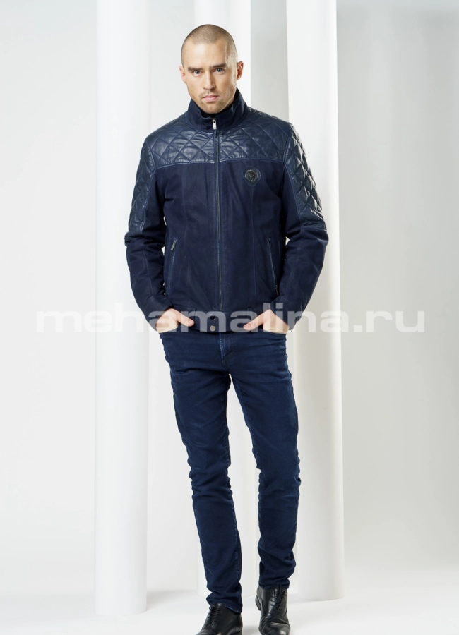 Кожаная куртка на молнии, цвет синий модель № KP-92 в рассрочку